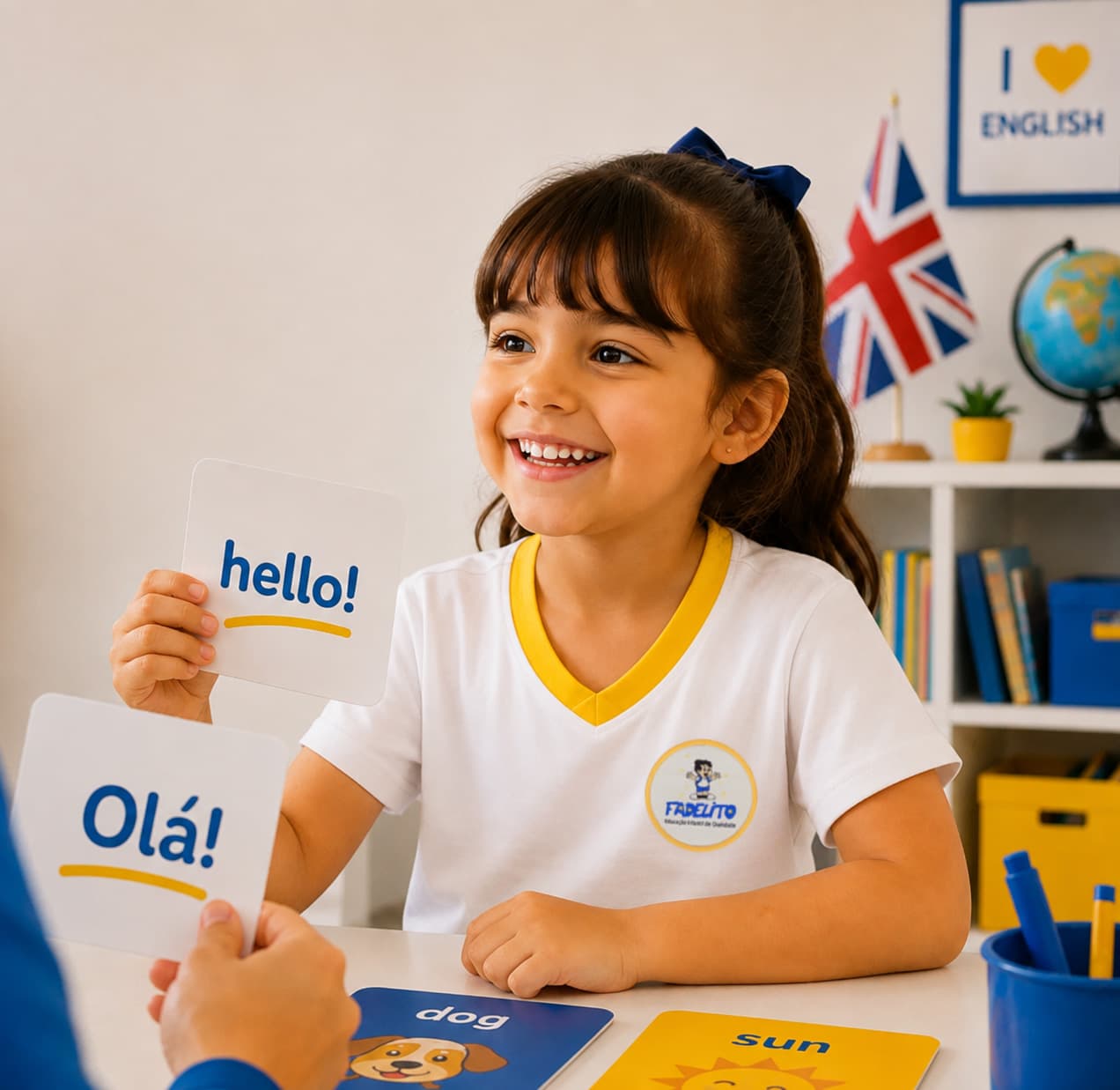 Menina em atividade de aprendizado de inglês no Fadelito